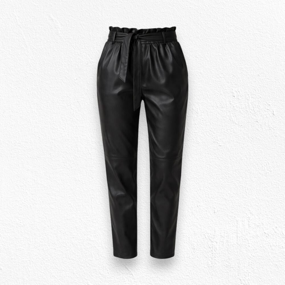 Avec Les Filles Black Faux Leather Belted High Rise Straight Pants Size Medium
